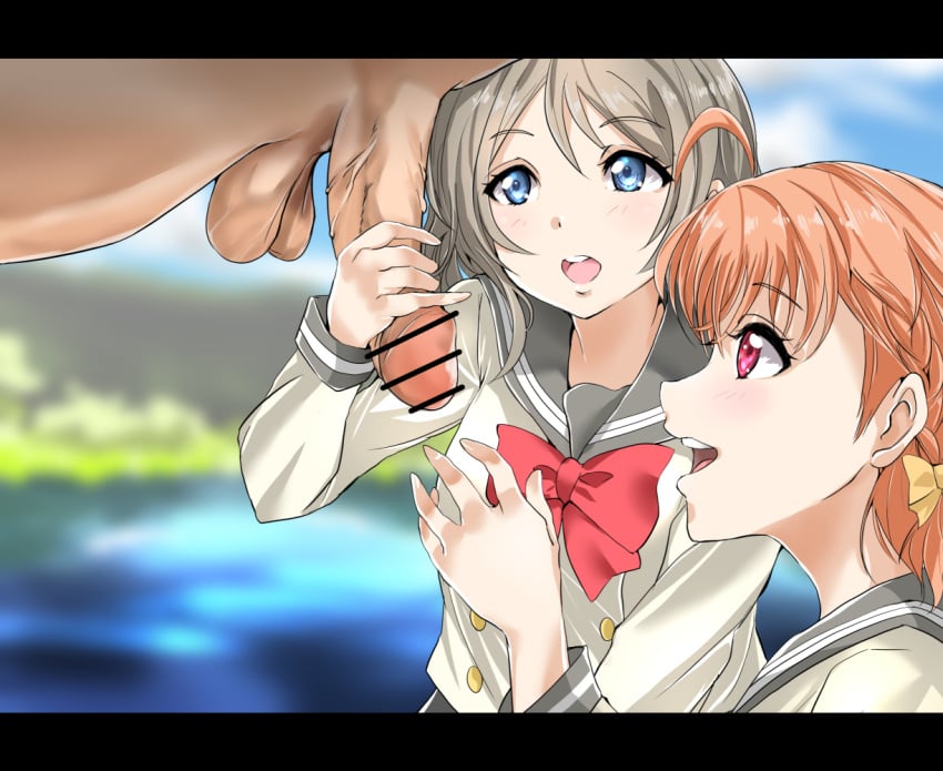 1boy bar_censor blue_eyes blurry_background blush brown_hair clothed_female_nude_male love_live! love_live!_sunshine!! multiple_girls open_mouth orange_hair penis penis_grab penis_milking red_eyes school_uniform short_hair smile takami_chika teeth testicles watanabe_you