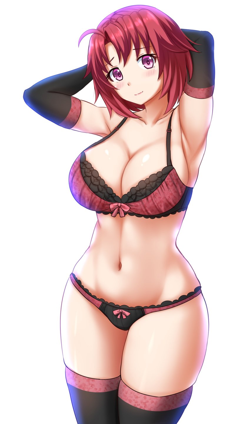 1girls abs armpits arms_up bra breasts busty cleavage clothed cow_girl_(goblin_slayer) elbow_gloves female female_only fit_female goblin_slayer hourglass_figure kazenokaze large_breasts light-skinned_female lingerie red_hair slim_waist standing thick_thighs thighhighs white_background wide_hips