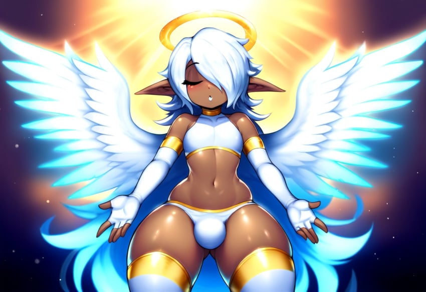 1boy 2024 2d 2d_(artwork) ai_generated alriel angel angel_boy angel_wings curvaceous curvaceous_male curvy dark-skinned_femboy dark-skinned_male dark_skin femboy halo hyper_hips mullon novelai original sissy space thick_thighs trap white_hair wide_hips