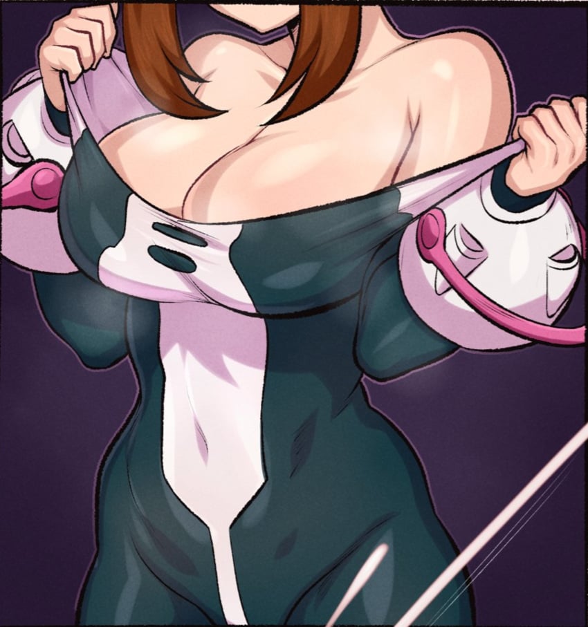 1girls aldharoku bare_shoulders big_breasts bodysuit boku_no_hero_academia breasts brown_hair cleavage clothing collarbone covered_navel female fully_clothed hero_outfit_(mha) large_breasts light-skinned_female my_hero_academia ochako_uraraka short_hair simple_background skin_tight slim_waist solo standing superheroine tight_clothing wide_hips