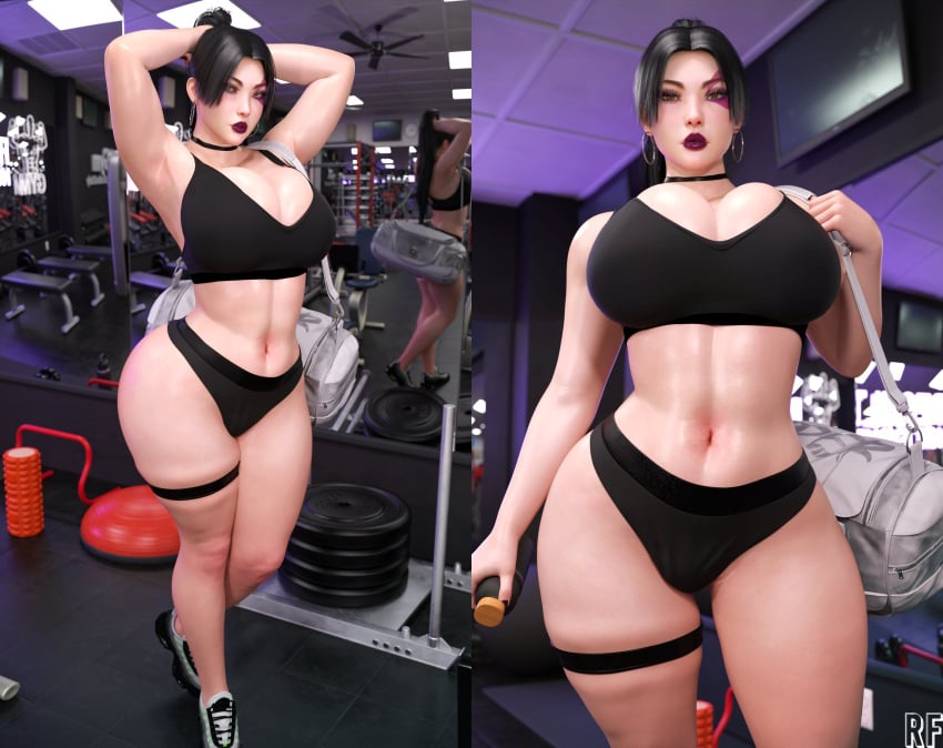 1girls 3d big_breasts black_hair gym looking_at_viewer marvel marvel_comics marvel_rivals psylocke psylocke_(sai) rude_frog thighs x-men