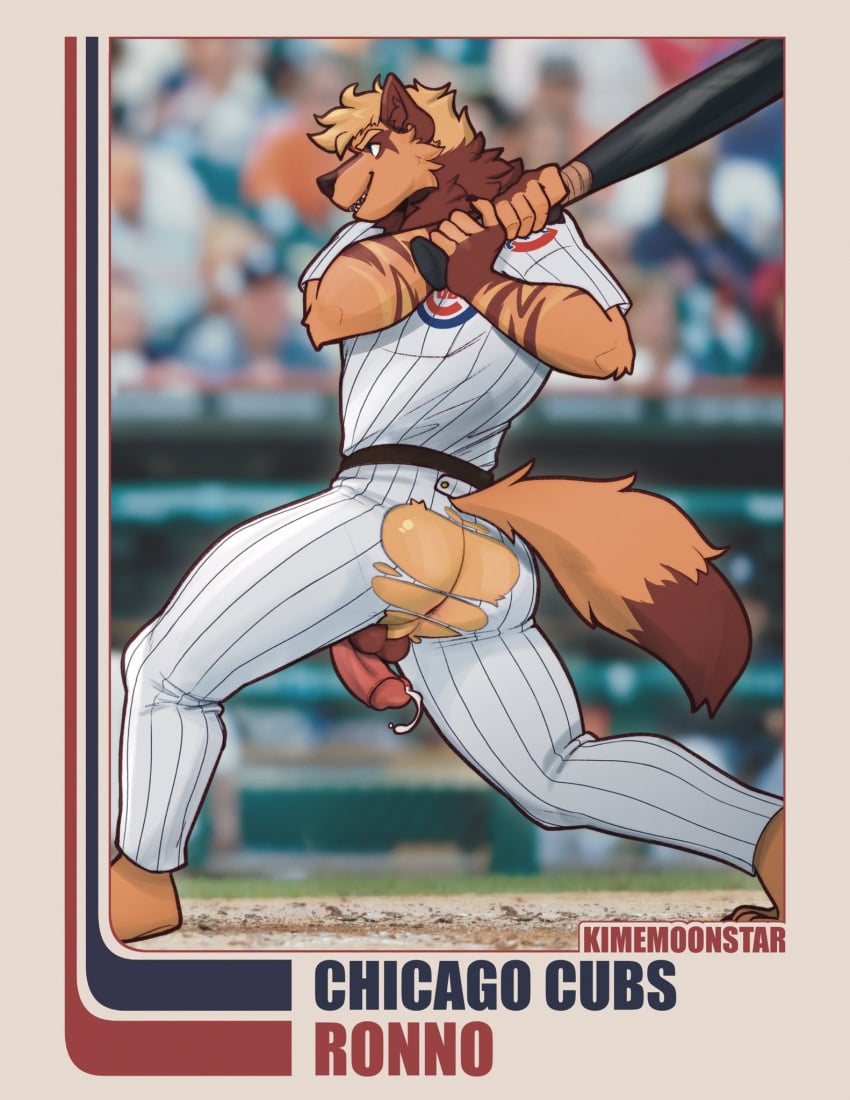 2024 action_pose anthro artist_name ass backsack balls barefoot baseball_(sport) baseball_bat baseball_card baseball_uniform bat_(object) big_butt big_penis bodily_fluids bottomwear card character_name chicago_cubs claws clothing english_text eyebrows feet fur genital_fluids genitals glans hair hi_res holding_object humanoid_genitalia humanoid_penis hyena kimemoonstar male mammal mlb muscular muscular_anthro muscular_male narrowed_eyes oblivious pants penis perineum pose precum precum_squirt ronnoyeen shirt side_view smile solo sport sportswear standing text topwear torn_bottomwear torn_clothing torn_pants trading_card tuft uniform wardrobe_malfunction