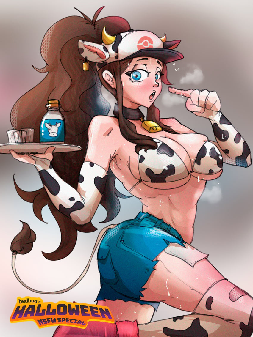 bedbug_(artist) blue_eyes costume cow_ears cow_girl cow_horns cow_print cow_print_bikini cow_tail cowbell hat hilda_(pokemon) huge_breasts milk pokemon pokemon_bw ponytail sweat sweating