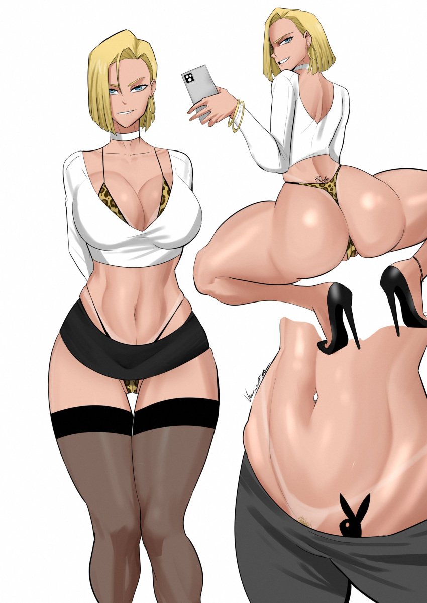 1girls android android_18 android_girl arms_behind_back artist_name artist_signature ass belly_button belly_button_piercing black_high-heels black_high_heels black_highheels black_skirt blonde_female blonde_hair blonde_hair_female blue_eyes blue_eyes_female bracelet bracelets choker cleavage clothed clothed_female clothing dragon_ball dragon_ball_super dragon_ball_z eyelashes female hands_behind_back heels high_heels leopard_print leopard_print_bikini leopard_print_panties lower_back_tattoo medium_hair medium_hair_female milf mother panties pantsless pantsless_female phone phone_in_hand pierced_belly_button see-through_thighhighs selfie selfie_pose short_shirt short_skirt showing_panties skirt sleeves slut slut_tattoo slutty_clothing slutty_outfit smile smiling snowbunny snowbunny_tattoo squatting squatting_female squatting_position stomach_tattoo tan tan-skinned_female tan_body tan_line tan_lines tan_skin tanline tanlines tattoo thigh_highs thighhighs thighs venomart500 venomarts00 white_background white_choker white_shirt