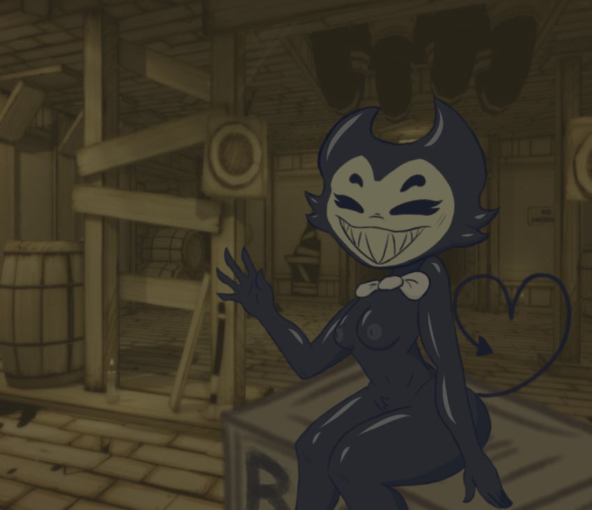 bendy_and_the_ink_machine bendy_the_dancing_demon bowtie breasts eyebrows eyelashes female fingers nipples nude rule_63 sitting solo tail text