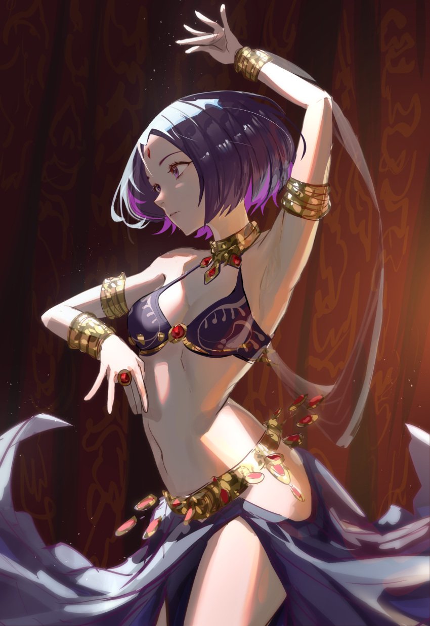 ai_generated armlet belly_dancer belly_dancer_outfit bracelet cleavage dancer dancer_outfit dancing dc dc_comics forehead_jewel harem_girl harem_outfit large_breasts loincloth medium_hair omegarer purple_eyes purple_hair rachel_roth raven_(dc) teen_titans