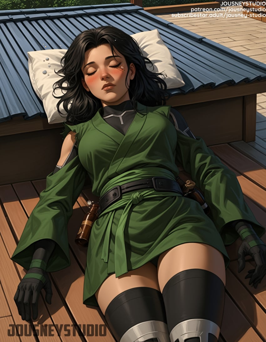 ai_generated bed belt black_hair black_legwear black_thighhighs blush breasts cheshire closed_eyes clothing english_text female female female_only gloves jousneystudio legwear lips long_hair lying medium_breasts medium_hair on_back pillow sleeping solo thighhighs thighs young_justice