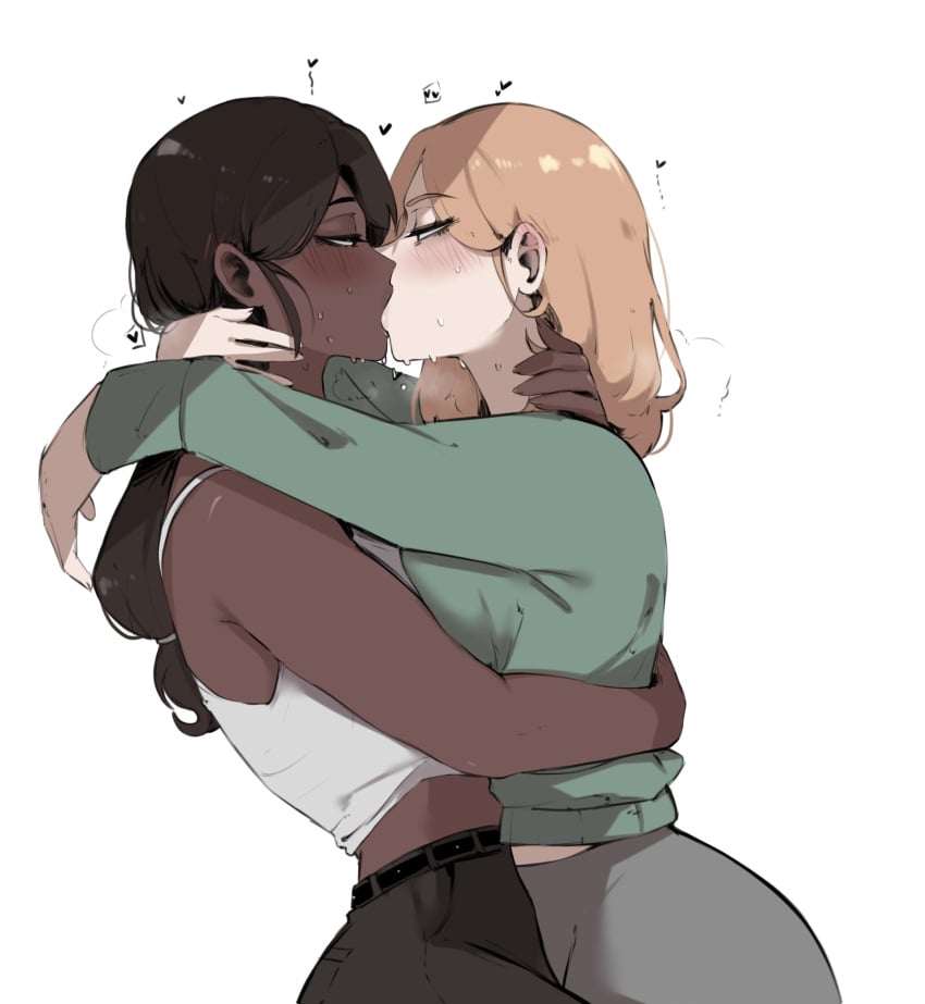 2girls black_hair blonde_female blonde_hair blue_eyes dark-skinned_female dark_skin female female_only hugging_from_behind kissing masoq095 meme multiple_girls sweat yuri