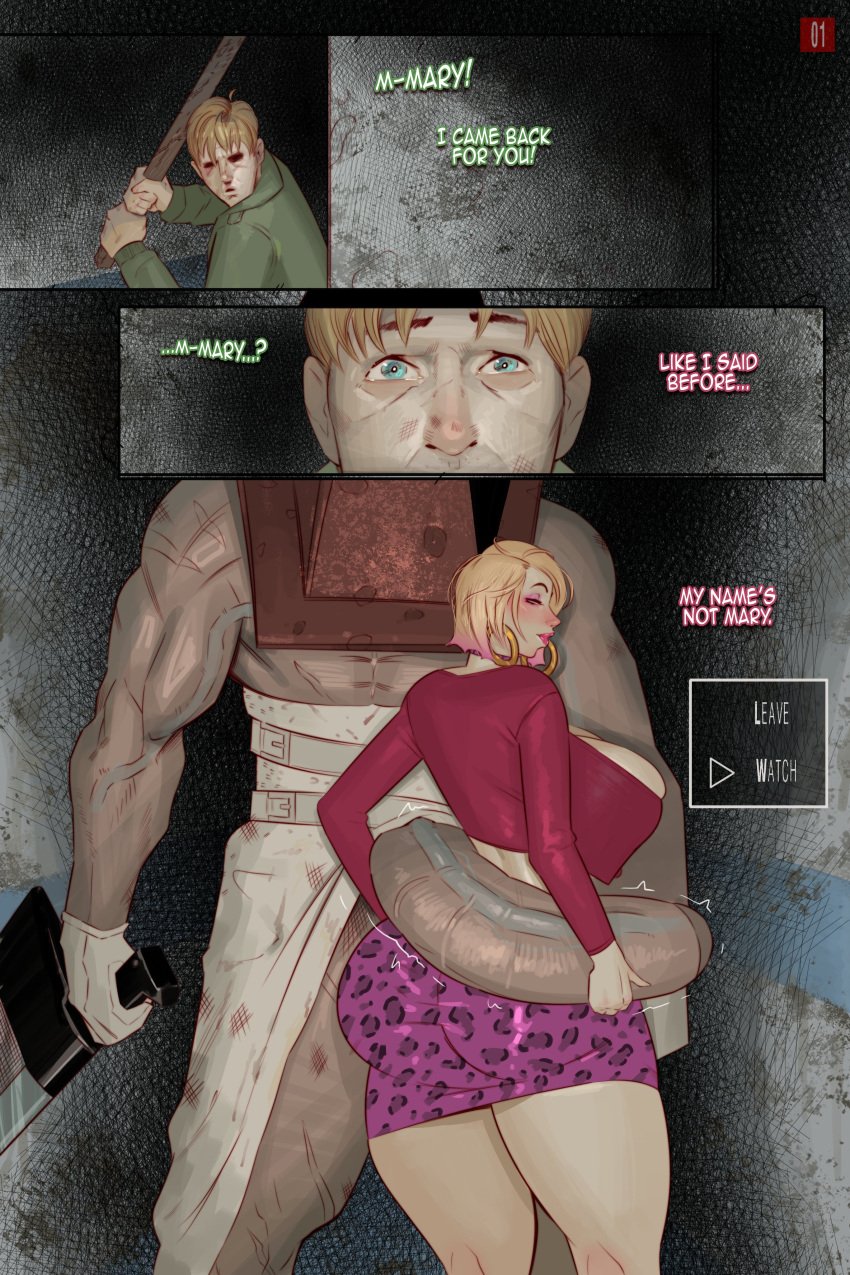 2boys absurdres animal_print art_mein ass blonde_hair blue_eyes dialogue_box earrings english_text female green_jacket highres holding holding_weapon hoop_earrings huge_ass huge_cock jacket james_sunderland jewelry leopard_print maria_(silent_hill) multiple_boys penis pink_skirt print_skirt pyramid_head red_shirt shirt silent_hill_(series) skirt weapon