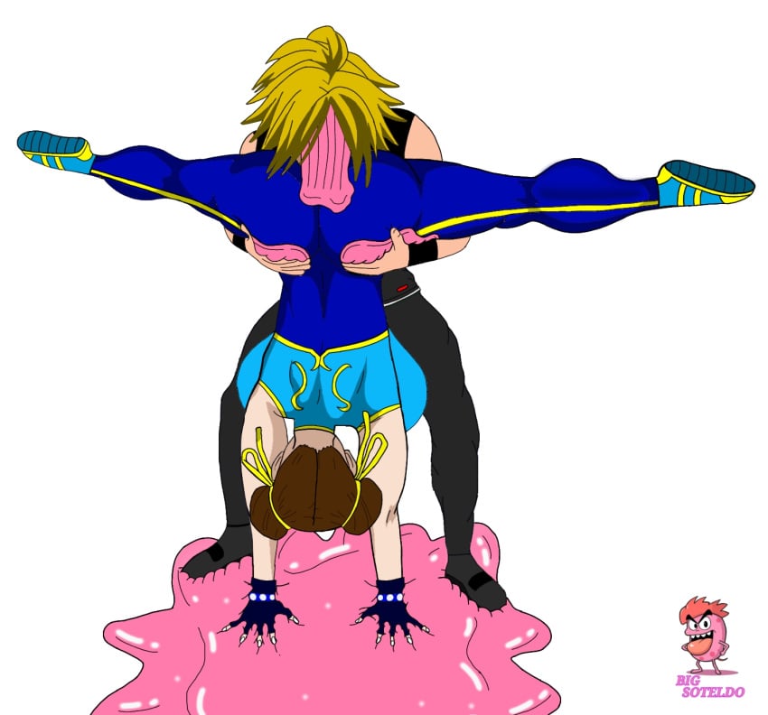 big_ass big_breasts blonde_hair chun-li chun-li_(fortnite) defeated defeated_heroine edit embarrassed faceless_male facesitting hand_on_butt humiliated humiliation ibispaintx muscular_female muscular_legs smothering spread_legs street_fighter stuck stuck_together upside-down white_background