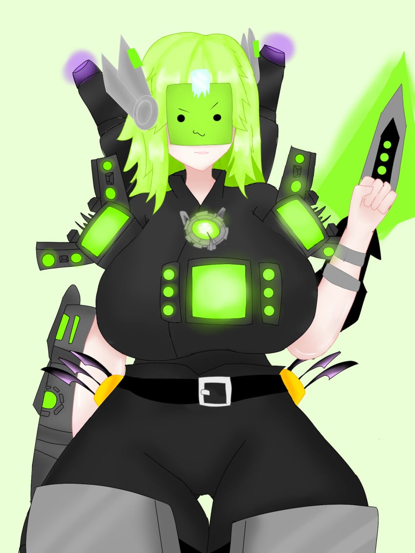 armor big_breasts big_butt black_suit breasts core green_background green_hair greenscreen greenscreentvwoman(skibidi_toilet) miss_moji paper_face short_hair skibidi_toilet skibidi_toilet_multiverse smile speaker thick_ass thick_legs thick_thighs tv_woman_(skibidi_toilet) white_skin