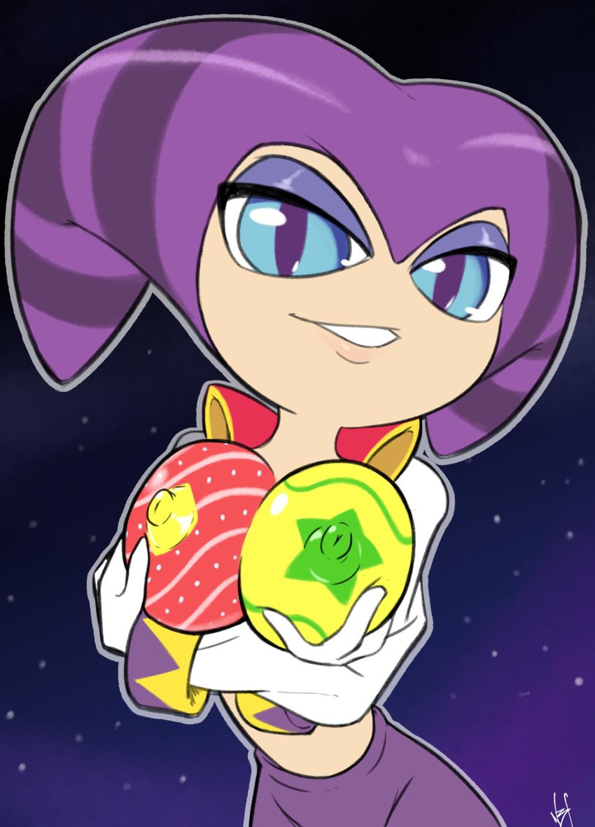 2019 5_fingers blue_eyes bodypaint breasts clothed clothing easter easter_breasts erect_nipples eyelashes eyeliner eyeshadow female female_only highres humanoid humanoid_hands n3f night nightmaren nights nights_into_dreams nipples presenting_breasts purple_clothing rule_63 sega smile solo sonic_team video_games