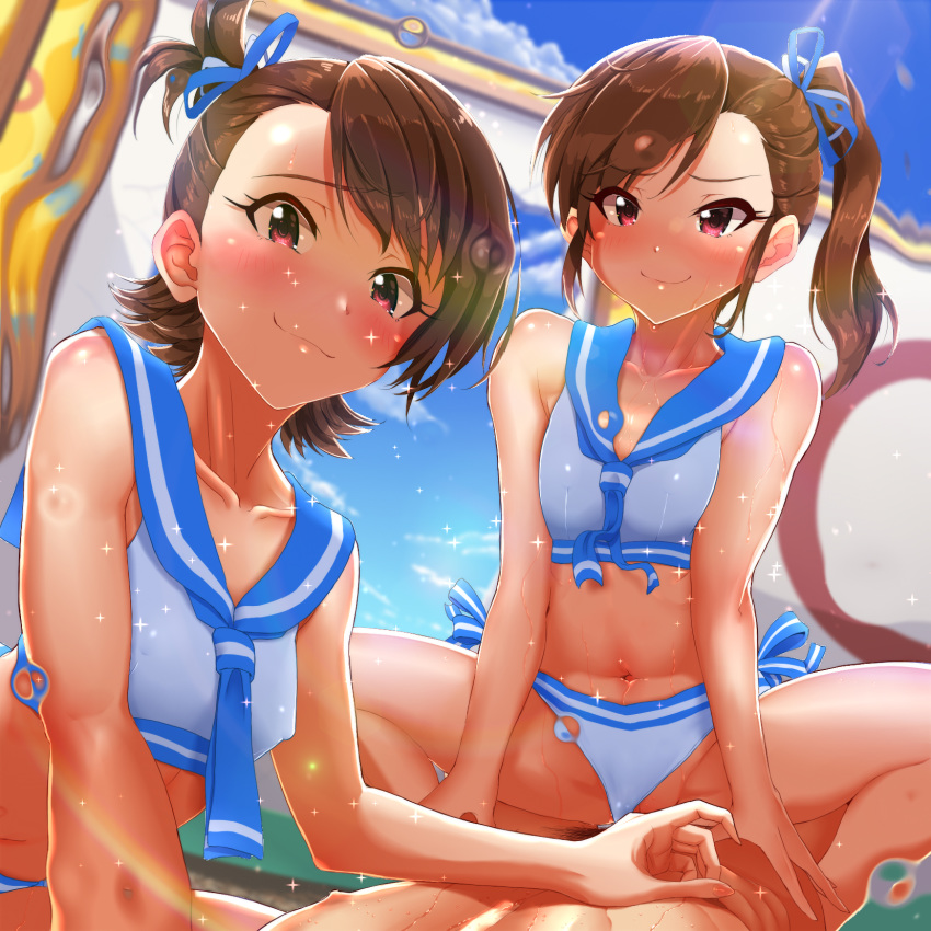 1boy 2girls areolae bangs bikini bikini_aside blue_bikini blush breasts brown_eyes brown_hair convenient_censoring cowgirl_position day eyebrows_visible_through_hair futami_ami futami_mami hair_between_eyes hair_ornament happy_sex highres idolmaster idolmaster_(classic) kilesha kirewisha long_hair looking_at_viewer multiple_girls nipples one_side_up outdoors pov pov_eye_contact pubic_hair red_eyes sex shimaidon_futago short_hair short_sleeves siblings side-tie_bikini side_ponytail sisters small_breasts smile socks sparkle straddling straight sweat swimsuit threesome twins vaginal_penetration wet