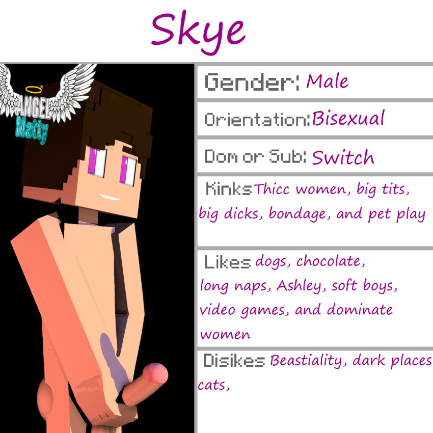 1boy 3d angel-matty angelmatty big_penis bisexual character commission english_text erection male male_only mine-imator minecraft model_sheet nude penis pink_eyes solo text