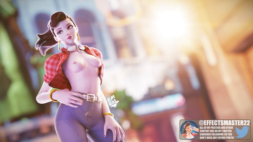 1girls 3d belt blender blurry_background bracelet breasts brown_hair d.va earrings effectsmaster231 jeans light-skinned_female lipstick no_bra open_shirt overwatch signature social_media twitter_username