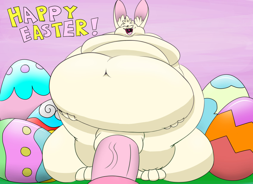 anthro balls belly big_balls big_belly bright_colors easter easter_egg hi_res holidays huge_balls hyper hyper_balls hyper_belly hyper_penis kanahu lagomorph leporid mammal obese outside overweight penis rabbit simple_background solo text