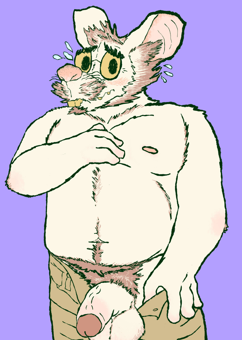 1boy absurd_res anthro blush chubby clothed clothing deetr eyewear foreskin fur furry glasses hi_res humanoid_penis looking_at_viewer male male_only mammal navel nipples penis rat rodent simple_background smile solo testicles topless uncut undressing