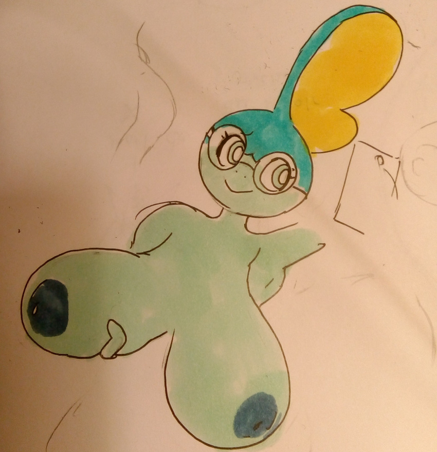 1girls anthro anthrofied areolae blue_eyes blue_skin breast_grab breasts chubby eyelashes female female_only glasses holding huge_breasts inverted_nipples meow_fuck nintendo nipples nude partially_colored phone photo pokemon pokemon_ss scalie selfie sketch smile sobble solo