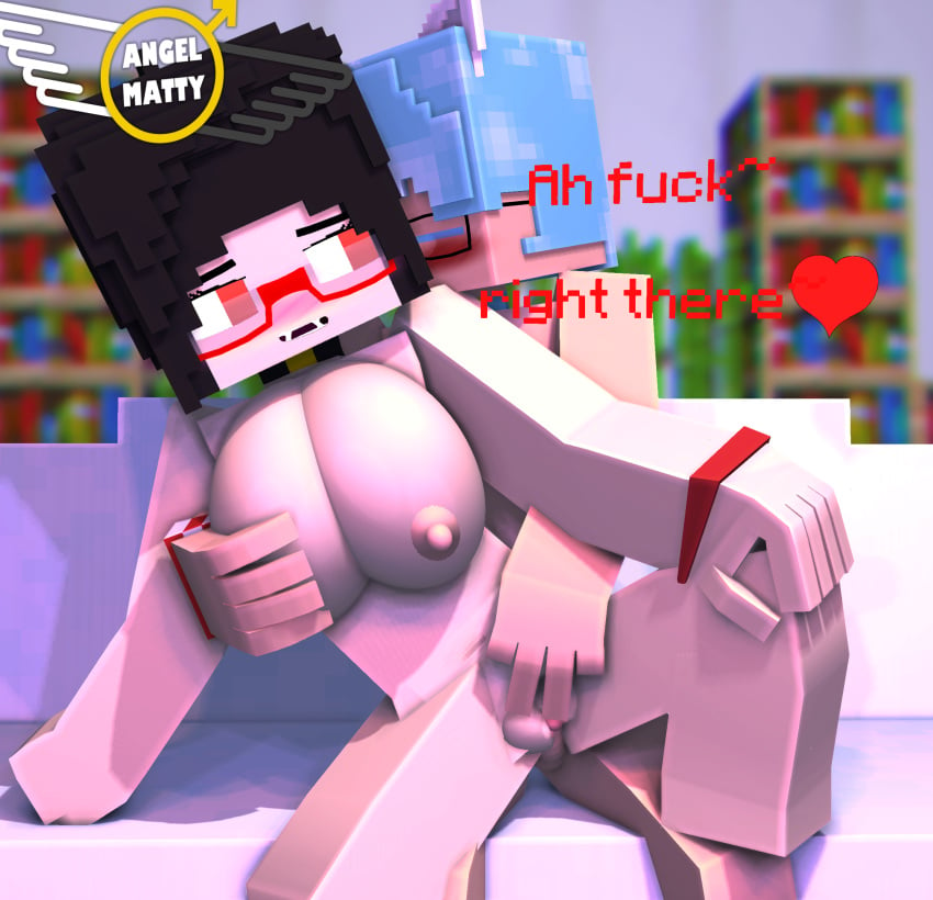 1boy 1boy1girl 1girls 3d angel-matty angelmatty ashley_succubi big_breasts bluey_alex character commission glasses lesbian looking_at_partner looking_back masturbation mine-imator minecraft nude red_eyes sex succubus tagme vaginal_penetration