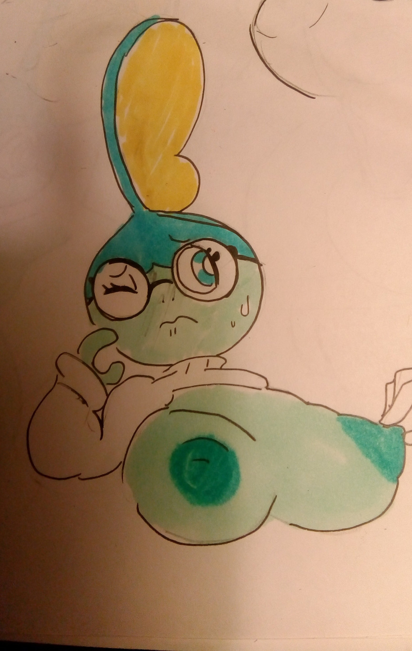 1girls ambiguous_gender anthro anthrofied areolae blue_eyes blue_skin breasts chubby female glasses huge_breasts human interspecies meow_fuck nintendo nipple_pinch nipples one_eye_closed partially_colored photo pokemon pokemon_ss scalie sketch sobble sweat topless wince