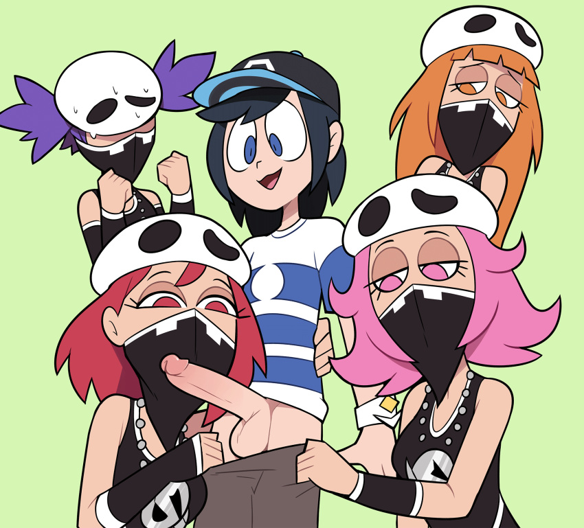 1boy 2019 4girls big_penis black_hair blue_eyes breasts clothed elio_(pokemon) erection female female_team_skull_grunt half-closed_eyes hat human long_hair male mask miscon necklace nintendo orange_eyes orange_hair penis penis_out pink_eyes pink_hair pokemon pokemon_(anime) pokemon_sm purple_hair rapp_(pokemon) red_eyes red_hair shirt short_hair simple_background smile straight sweat team_skull team_skull_grunt team_skull_grunt_(female) testicles