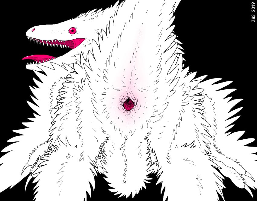 2019 absurd_res ambiguous_gender anatomically_correct animal_genitalia ass black_background blush claws cloaca dinosaur dromaeosaurid feathered_dinosaur feathers feral furry gaping gaping_cloaca hi_res looking_at_viewer looking_back nude open_mouth pink_cloaca pink_eyes pink_tongue presenting presenting_cloaca raised_tail rear_view reptile scalie simple_background solo spreading teeth theropod tongue velociraptor white_body white_feathers wings zw3