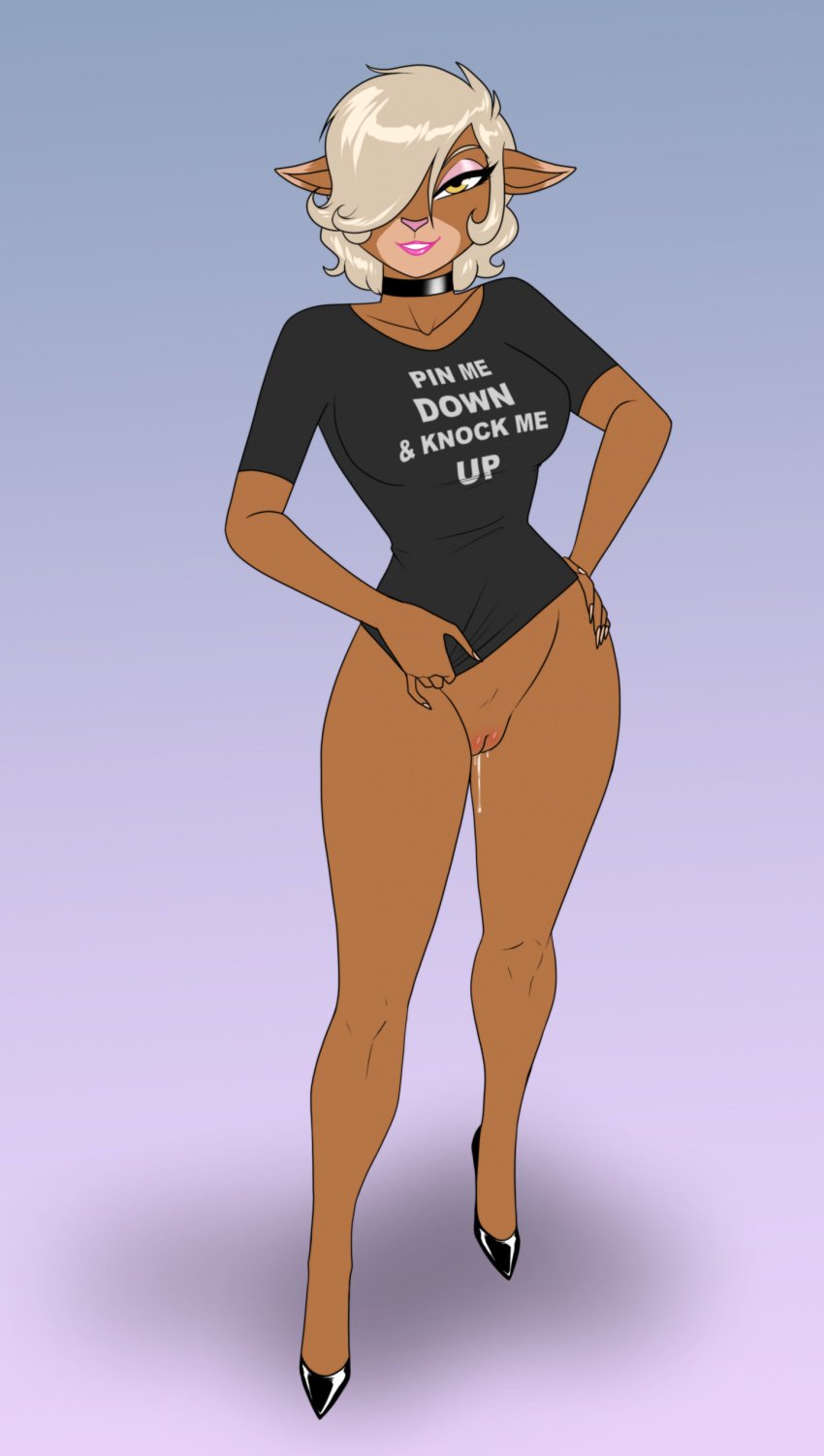 absurd_res anthro biped bodily_fluids bottomless clothed clothing crovirus deer eyelashes female genital_fluids genitals hair hi_res looking_at_viewer mammal pupils pussy shirt smile text thick_thighs topwear vaginal_fluids