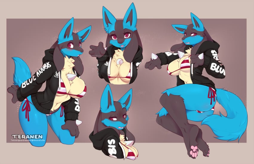 bikini blue_fur blush female female_lucario female_only hoodie lucario pokemon pokemon_(species) tagme tail teranen