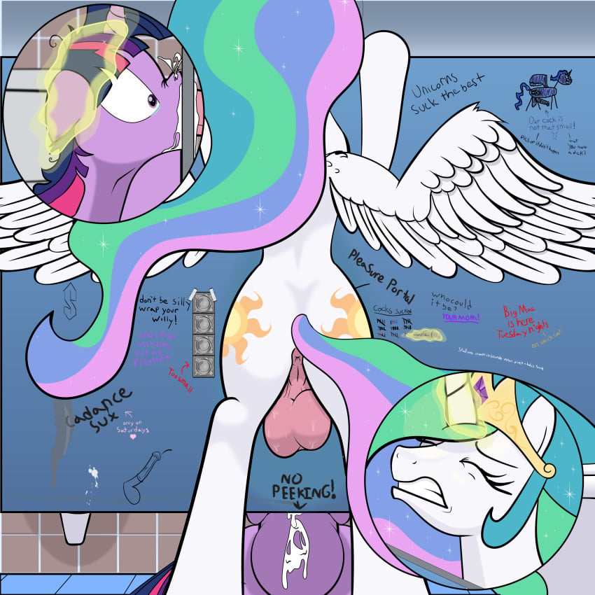 1:1 absurd_res alicorn anus balls bathroom condom crown cum cum_inflation equid female feral forced friendship_is_magic furry futa_on_female futanari glory_hole glowing graffiti hi_res horn inflation intersex intersex/female magic mammal my_little_pony neck_bulge oral princess_celestia_(mlp) public_restroom purple_eyes restroom_stall sparkles stomach_bulge tally_marks tears tiara toilet trash_anon twilestia twilight_sparkle_(mlp) wings