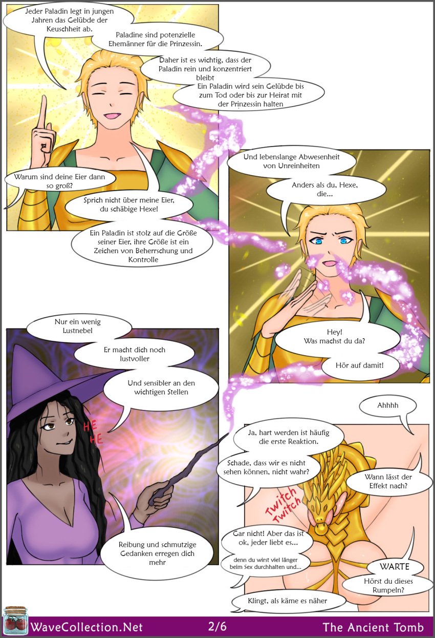 big_breasts black_body black_eyes black_hair_female blonde_hair blonde_male blue_eyes casting_spell chastity chastity_cage chastity_device comic comic_page dungeon magic magic_wand magician magician_hat paladin spell tease_and_denial teasing wavecollection witch witch_hat