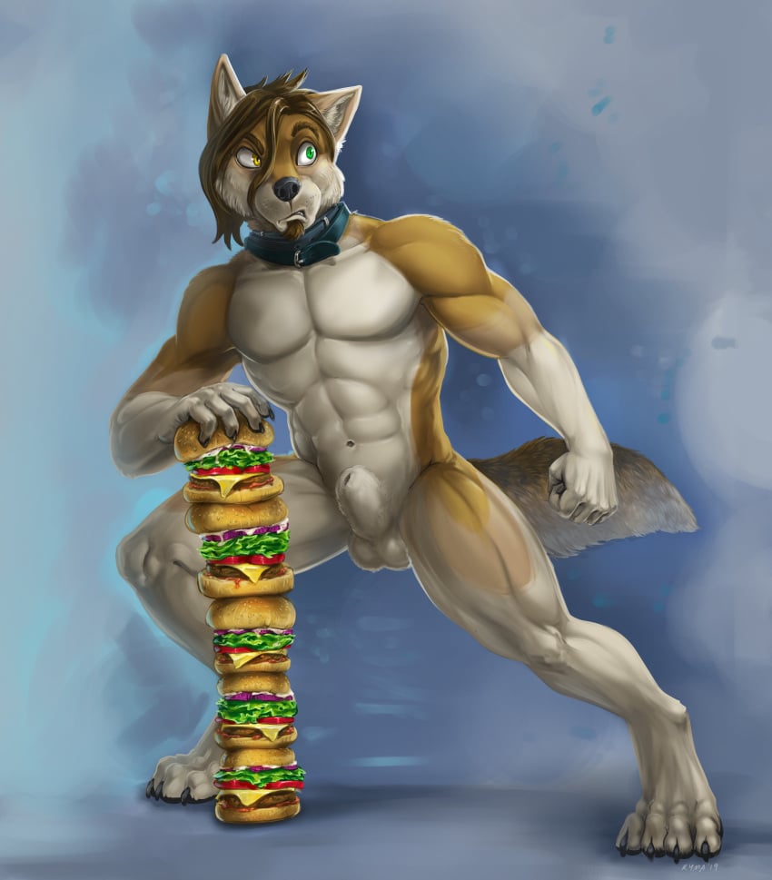 2019 abs absurd_res animal_genitalia anthro balls biceps big_muscles black_claws brown_hair burger canid canine canis cheek_tuft cheese claws collar collar_only coyote dairy_products digitigrade domestic_dog facial_hair facial_tuft fist food front_view frown fruit full-length_portrait fully_sheathed genitals goatee hair heterochromia hi_res holding_food holding_object husky hybrid inner_ear_fluff ketchup kyma kyma_(character) lettuce looking_aside male male_anthro mammal mayonnaise meat muscular muscular_male navel nordic_sled_dog nude onion pecs plant portrait pose quads sesame_seed_bun sheath short_hair simple_background solo spitz stack tomato triceps tuft vegetable whiskers wide_eyed