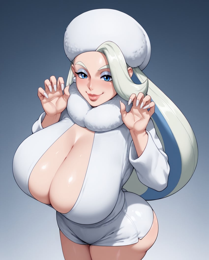 ai_assisted ai_generated big_ass bimboports(ai) blue_eyes earrings eyeshadow fur_hat gym_leader hat huge_breasts long_fingernails long_hair mature_female melony_(pokemon) milf multicolored_hair nail_polish pokemon short_shorts shorts sweater thick_lips thick_thighs white_hair white_nails