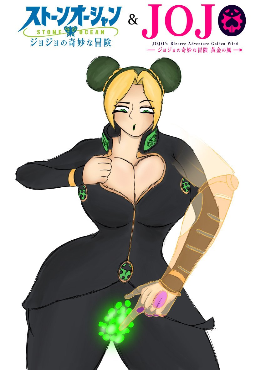 1girls big_ass big_breasts breasts bulging_breasts clothed_female female female_only giorno_giovanna giorno_giovanna_(cosplay) gold_experience green_eyes green_hair green_lipstick jojo's_bizarre_adventure jolyne_kujo pose positives_(artist) stand_(jjba) standing stone_ocean vento_aureo white_skin yellow_hair