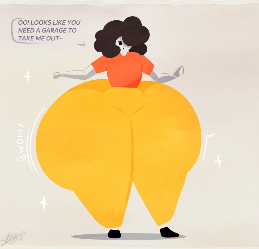 1girls afro artist_signature ass_body ass_expansion big_ass big_hips black_hair bottom_heavy dialogue english_text hi_res huge_ass huge_butt hyper hyper_ass hyper_butt hyper_hips lineless long_legs minimalist mob_face one_eye_obstructed onomatopoeia original simple_background sound_effects sparks_spectrum t-shirt thick_thighs wide_hips