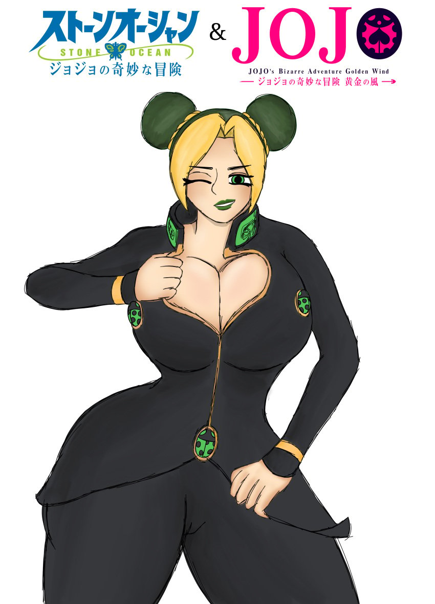 1girls big_ass big_breasts breasts bulging_breasts clothed_female female female_only giorno_giovanna giorno_giovanna_(cosplay) green_eyes green_hair green_lipstick jojo's_bizarre_adventure jolyne_kujo pose positives_(artist) standing stone_ocean vento_aureo white_skin yellow_hair