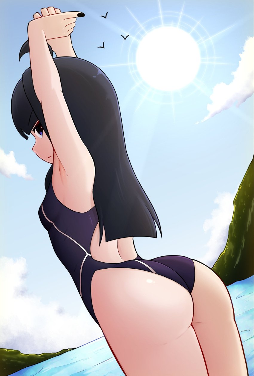 arms_above_head arms_up ass ass_focus beach big_breasts black_hair competition_swimsuit dat_ass death-chan_(konanexe) konanexe long_hair looking_at_viewer looking_back one-piece_swimsuit original original_character outdoors small_breasts stretching summer swimsuit thick_thighs thighs wide_hips