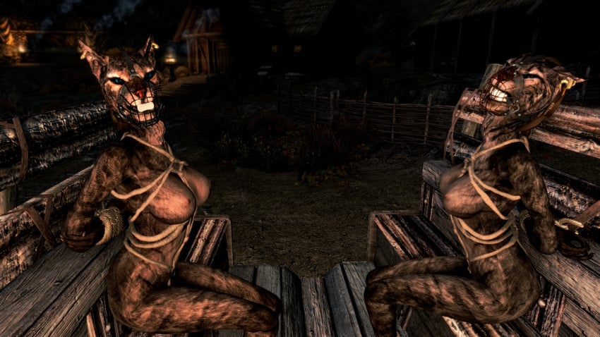 2girls 3d arms_behind_back ball_gag bondage bound_wrists completely_nude completely_nude_female furry gag gagged khajiit m7seven mod nude nude_female nude_mod skyrim