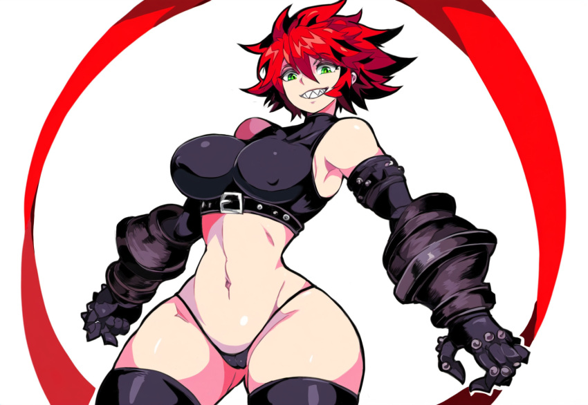 1girl 1girls 2d 2d_(artwork) ai_generated big_breasts big_hips breasts cameltoe covered_nipples crop_top female gauntlets green_eyes hips knockout large_breasts mullon novelai original original_character red_hair sharp_teeth short_hair short_red_hair thick_thighs thighhighs thong tomboy tyga white_background