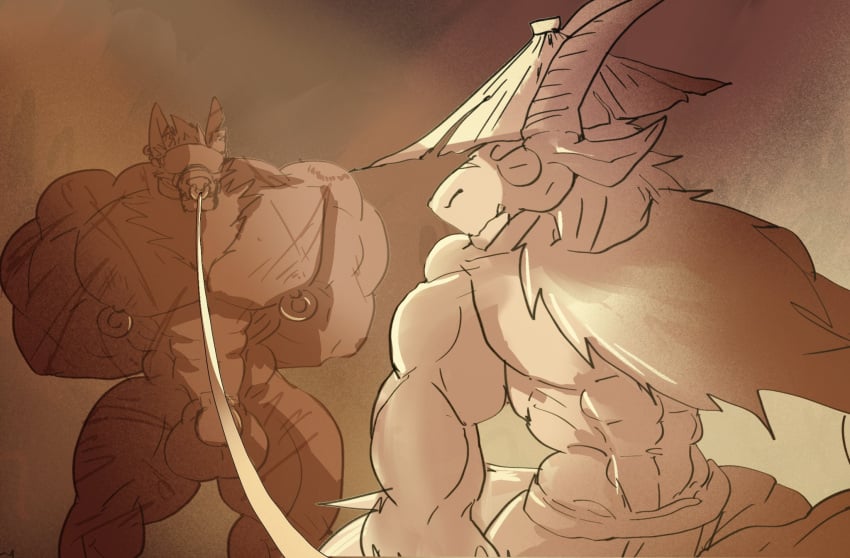 2024 2_horns abs anthro aoyi_aoyi barazoku biceps big_muscles biped blindfold bovid canid canine canis caprine curved_horn dominant dominant_anthro dominant_male duo facial_piercing flat_penis goat hi_res horn huge_muscles leash male mammal muscular muscular_anthro muscular_dom muscular_male muscular_sub nipple_piercing nipple_ring nipples nose_leash nose_piercing nose_ring pecs piercing ring_piercing scar scars_all_over submissive submissive_anthro submissive_male walking wolf