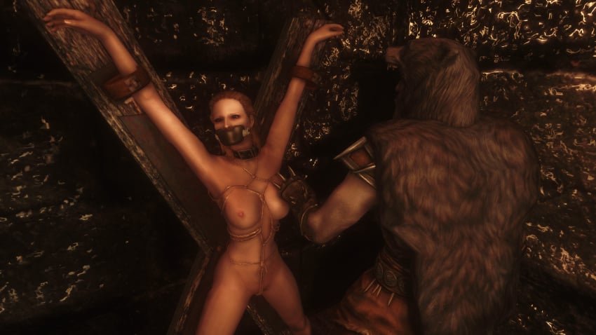 1boy 1girls 3d bondage bound_wrists clothed_male_nude_female completely_nude completely_nude_female elisif_the_fair gag gagged m7seven male mod nude nude_female nude_mod saint_andrew's_cross skyrim