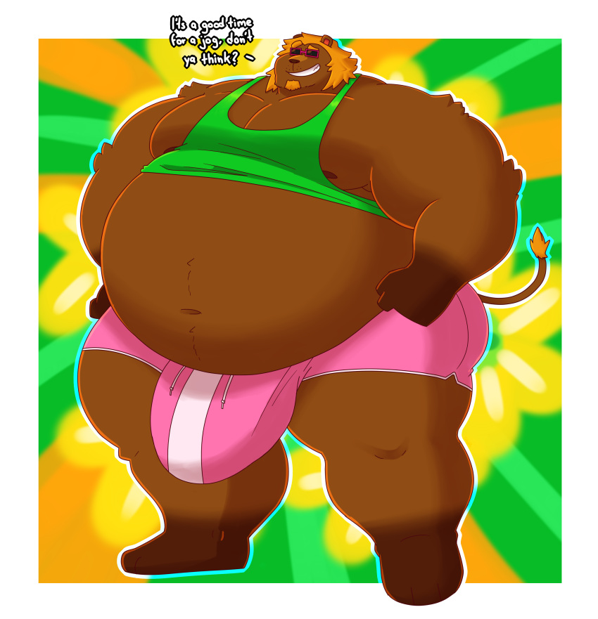 absurd_res animal_crossing anthro belly_peeking_out big_bulge big_penis bottomwear bud_(animal_crossing) bulge clothed clothing fat fat_belly felid genitals ghgbn hi_res huge_bulge huge_cock hyper hyper_bulge hyper_genitalia hyper_penis lion male mammal morbidly_obese morbidly_obese_male muscular nintendo obese obese_male overweight overweight_male pantherine penis raised_clothing raised_shirt raised_tank_top raised_topwear shirt shorts solo tank_top topwear