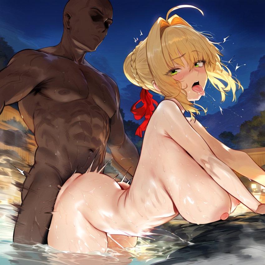 ai_generated blonde_hair dark-skinned_male fate_(series) himeno interracial nero_claudius_(fate) onsen orgasm sex_from_behind