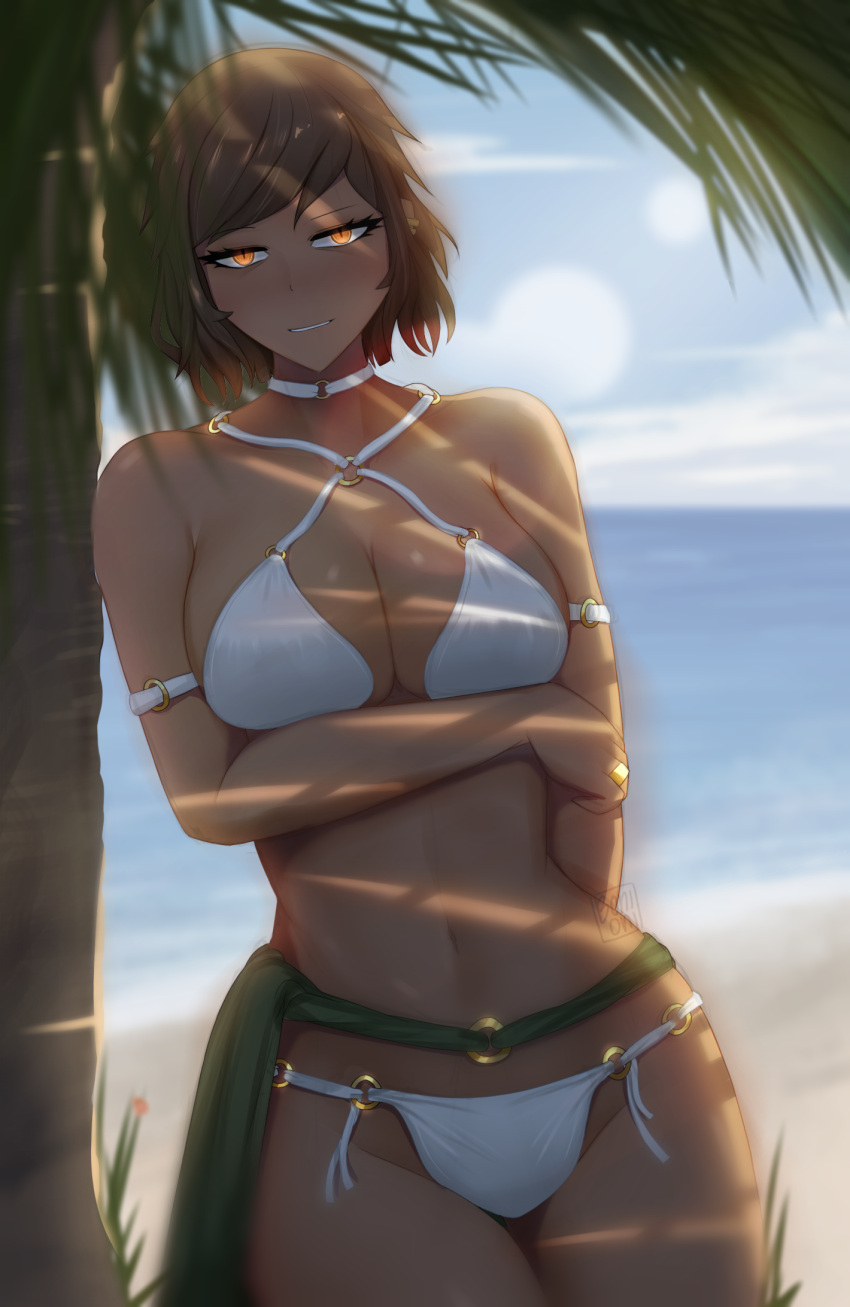 1girls artist_request beach big_breasts blush brown_hair dark-skinned_female dark_skin leaning limbus_company looking_at_viewer outis_(limbus_company) project_moon seaside short_hair standing underwear yellow_eyes