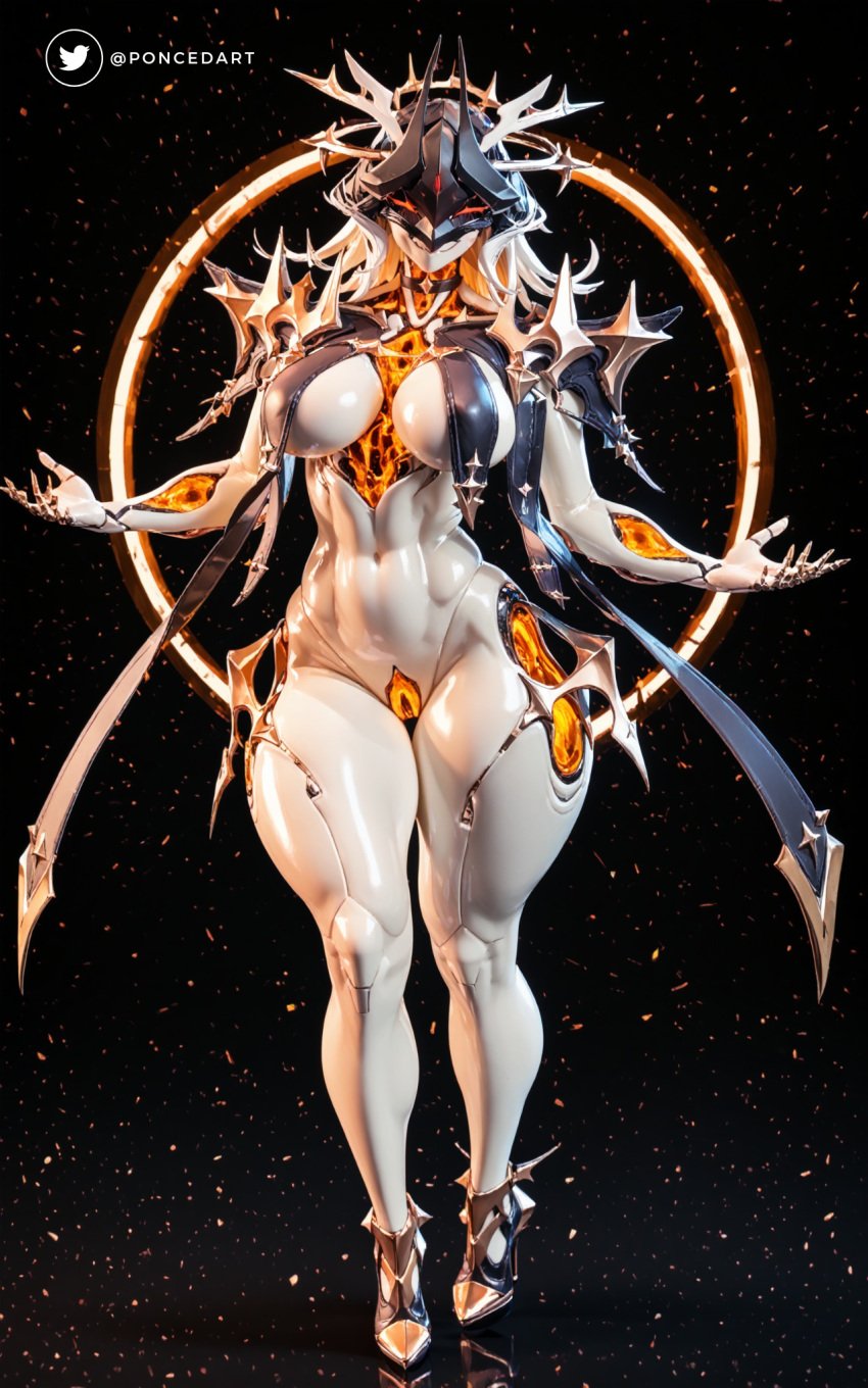 ai_generated big_breasts black_background digital_drawing_(artwork) high_heels orange_eyes orange_nipples orange_pussy orange_skin ornament poncedart realistic realistic_textures simple_background smile smiling warframe warframe_(species) white_body