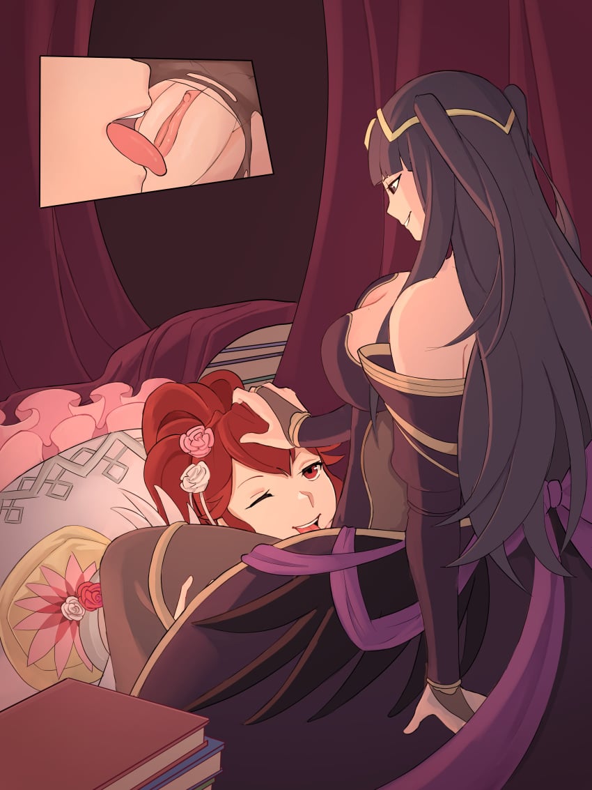 2girls anna_(fire_emblem) anna_(fire_emblem_awakening) bellfonts blunt_bangs bodystocking bridal_gauntlets cunnilingus female female_only fire_emblem fire_emblem_awakening multiple_girls tharja_(fire_emblem) torn_clothes yuri