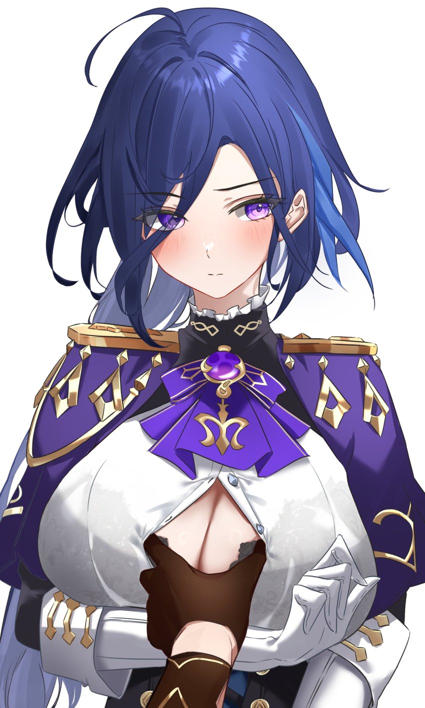 1boy 1girls absurdres aether_(genshin_impact) ascot black_hair blue_hair breasts cheek_grabbing_material_(meme) cleavage_pull clorinde_(genshin_impact) corset genshin_impact gloves grabbing hat highres large_breasts long_hair meme pov pov_hands purple_eyes shiny_skin shirt