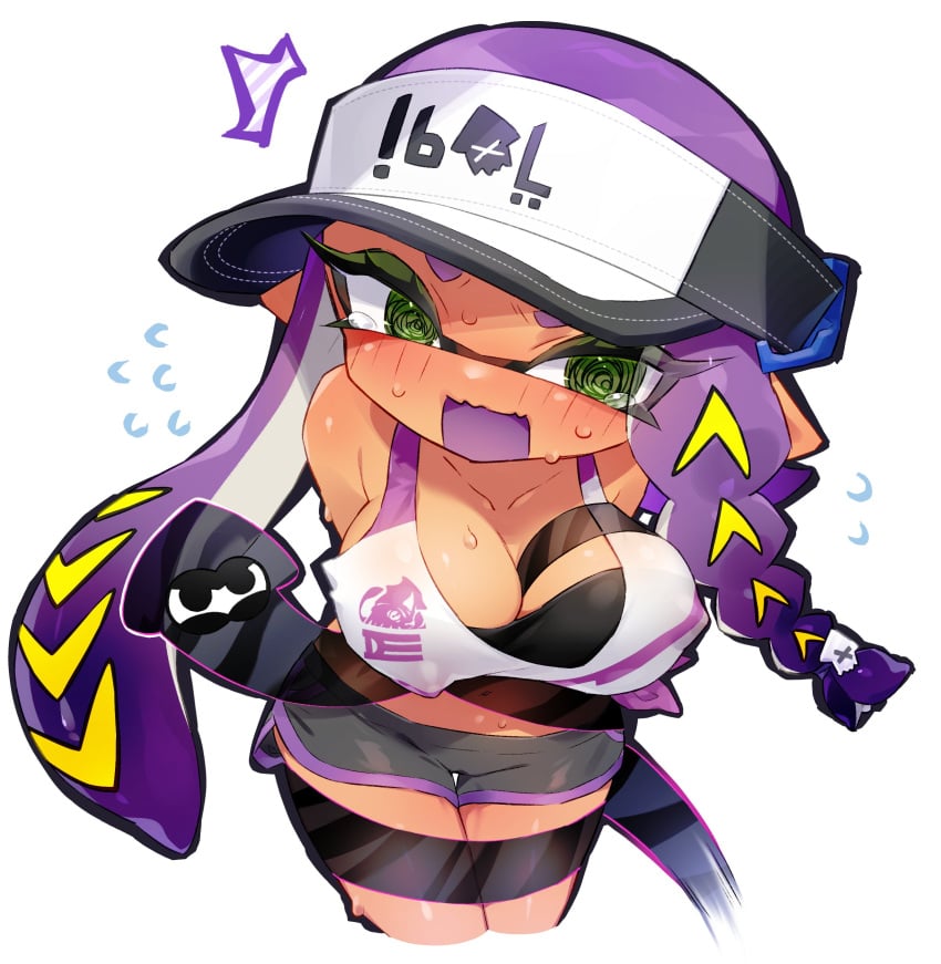 1girls arrow blush dark-skinned_female dolphin_shorts female green_eyes hat inkling large_breasts open_mouth purple_hair shorts splatoon suprised swirly_eyes tanktop tears tied_up vaz_999