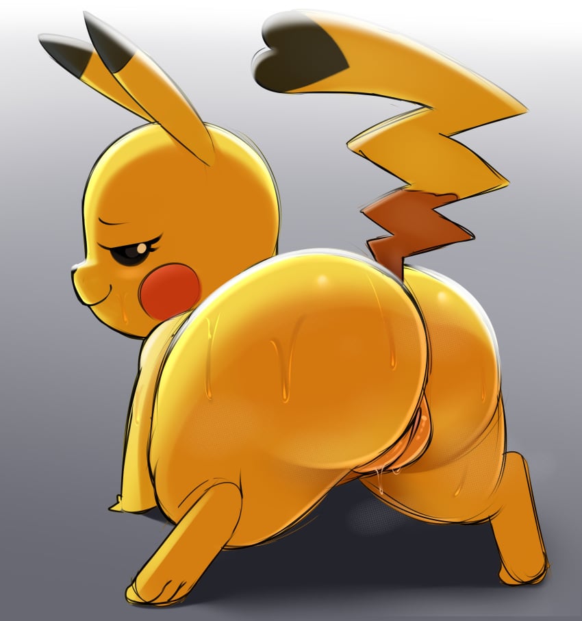 absurd_res ass big_butt bodily_fluids dibujito female feral generation_1_pokemon genitals hi_res looking_at_viewer looking_back musk musk_clouds nintendo pikachu pokemon pokemon_(species) presenting presenting_hindquarters presenting_pussy pussy solo sweat sweatdrop thick_thighs