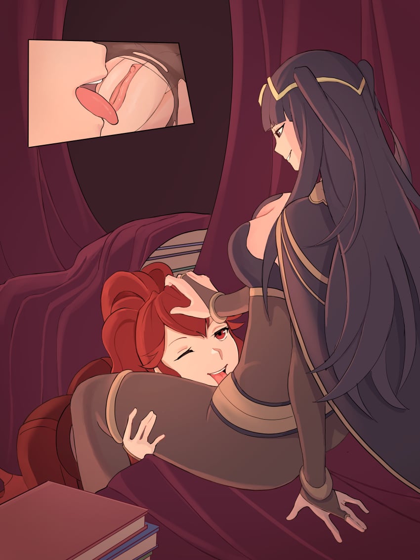 2girls anna_(fire_emblem) anna_(fire_emblem_awakening) bellfonts blunt_bangs bodystocking bridal_gauntlets cunnilingus female female_only fire_emblem fire_emblem_awakening multiple_girls tharja_(fire_emblem) torn_clothes yuri