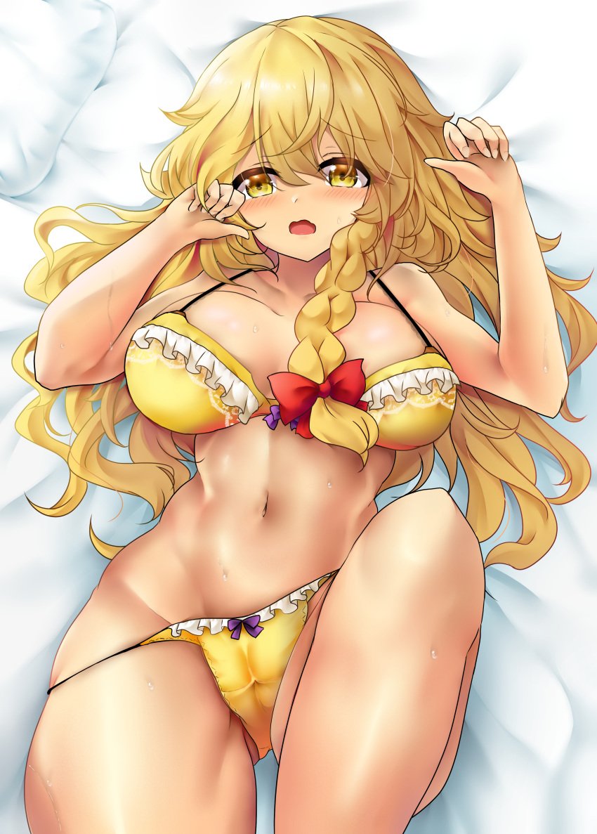 absurdres blonde_hair blush bow bow_bra bow_panties bra braid breasts cleavage commentary_request female highres kirisame_marisa large_breasts long_hair looking_at_viewer lying navel on_back on_bed open_mouth paid_reward_available panties poke200 side_braid single_braid solo textless_version touhou underwear variant_set yellow_bra yellow_eyes yellow_panties